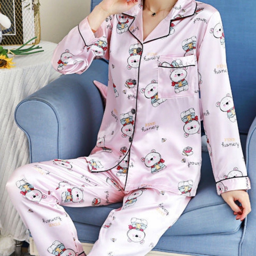 Pink Silky Teddy Bear Print Pajama Set
